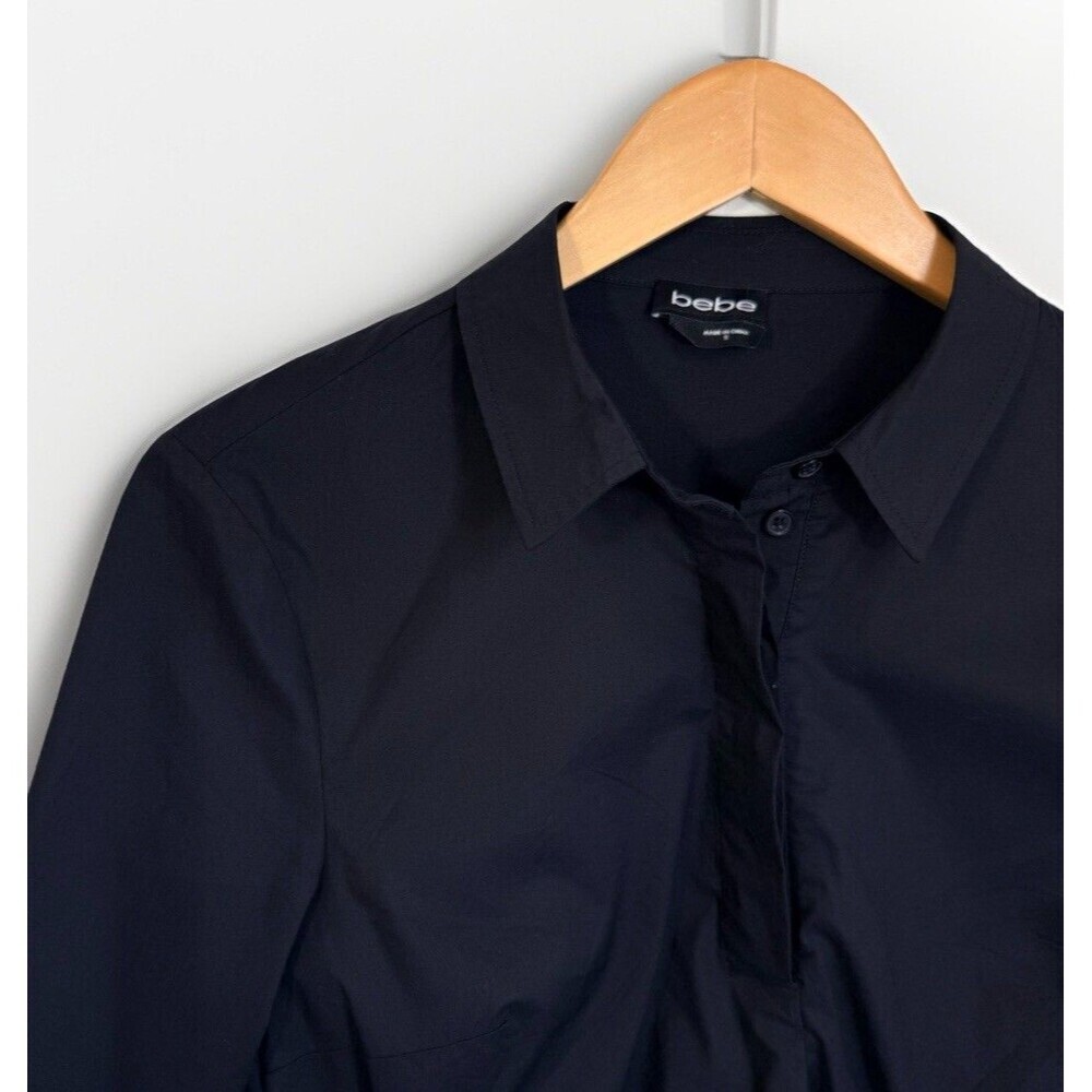 Bebe Black Shirt Small Cotton blend Button Front Twist Cropped Sharp Fitted - Picture 3 of 11